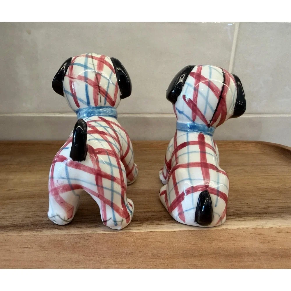 Vintage Plaid Puppy Dog Salt and Pepper‎ Shakers Set Made in Japan Mid Century